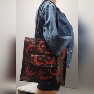 Unique Vintage Handmade Embossed Genuine Leather, Stars and Moon Tote Bag